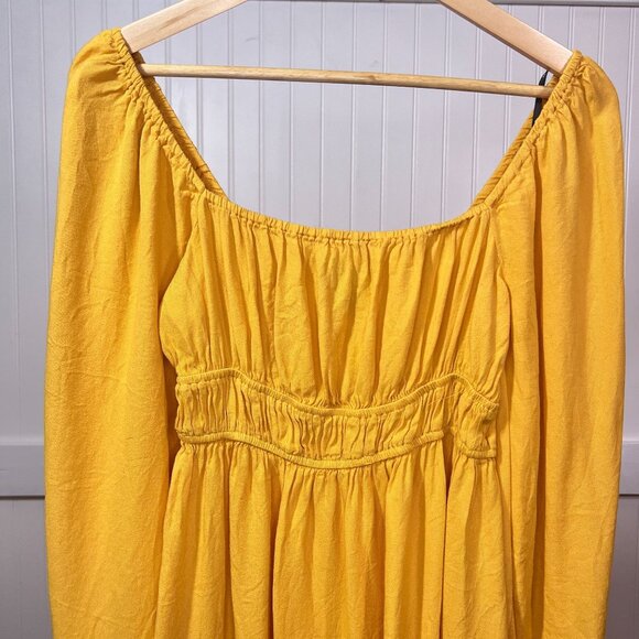 Forever 21 Boho Yellow Long Sleeve Mini Dress Square Neck Smocked Waist Ruffle - Picture 4 of 11